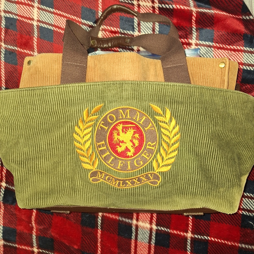 Tommy Hilfiger Small Mini Tote Purse MCMLXXXV Embroidered Plaid Corduroy Bag